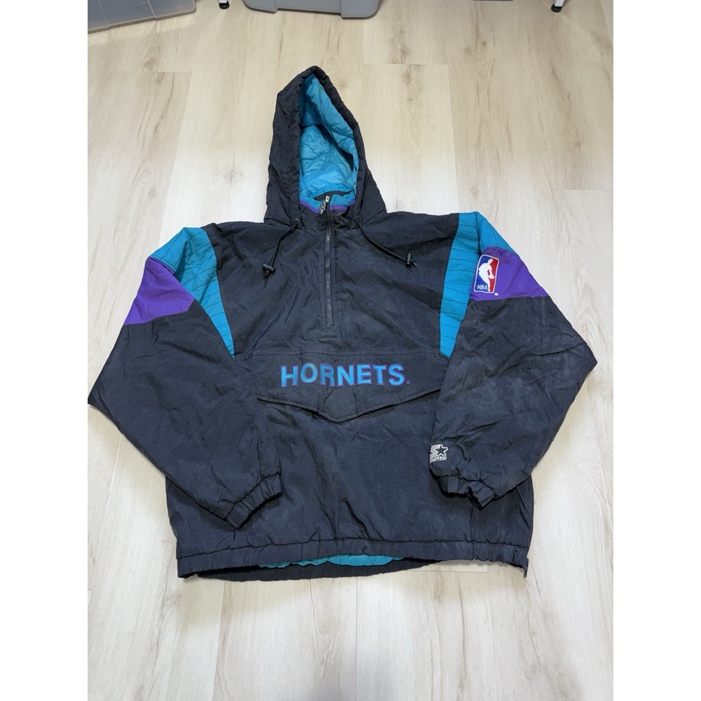 Vintage Starter Charlotte Hornets NBA Jacket Black 1/4 Zip Hooded Men's XL